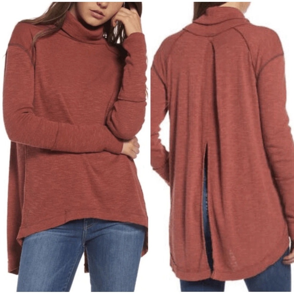 We the Free People Rust Orange Red Split Back Turtleneck Sweater‎ S Boho Cozy